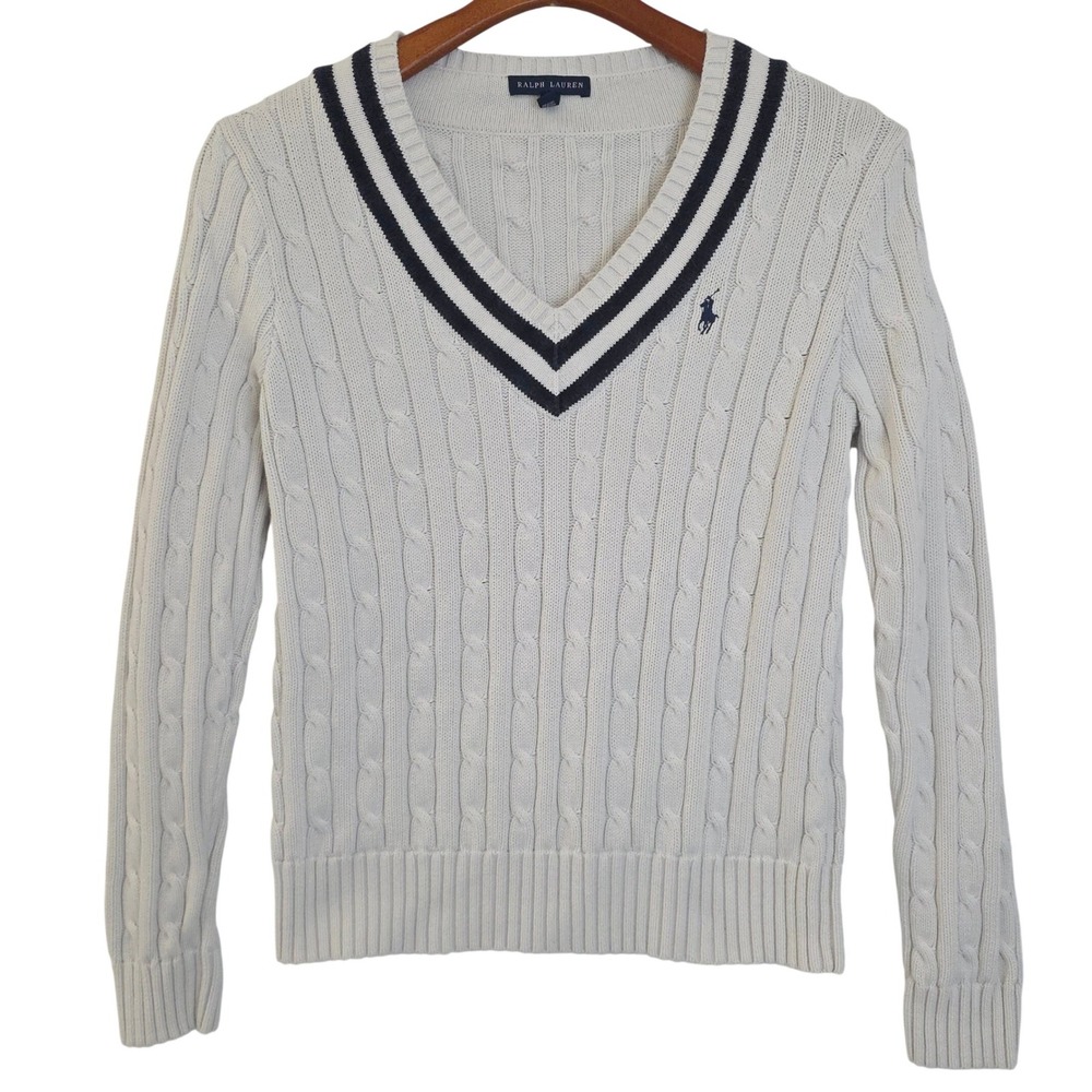 VTG Ralph Lauren Womens Cable Knit Cricket Sweater White Navy V-Neck READ 4 SIZE - Picture 3 of 8